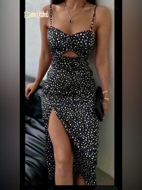 Bershka Black and White Spotted Cutout Midi Dress with Side Slit